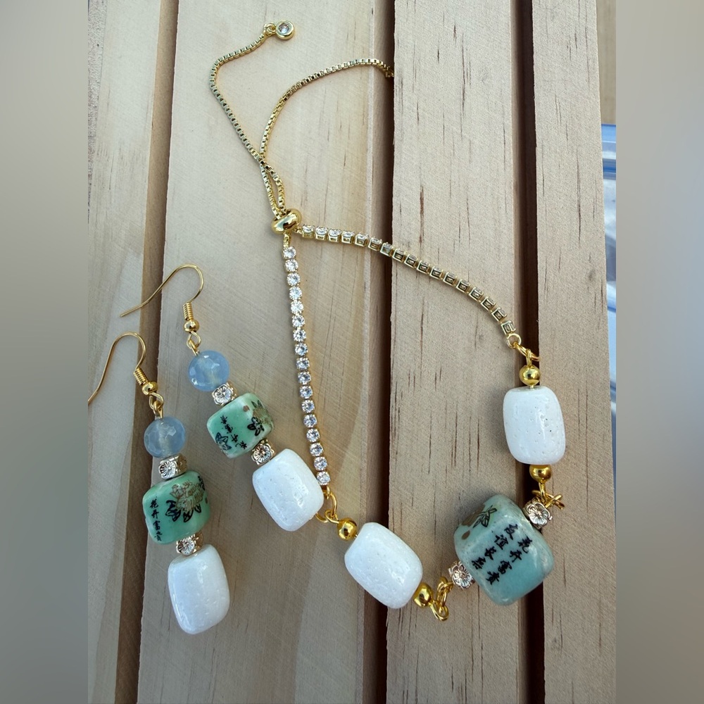 Earring & Bracelet Set in White Coral & Zircon with Asian & Stone Beads
